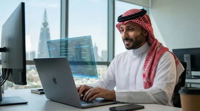 رجل أعمال سعودي يعمل في مكتب بالرياض مع شاشة هولوجرام