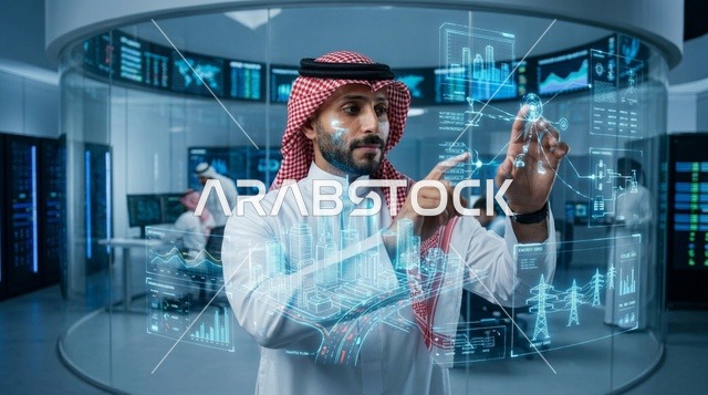 رجل سعودي يتفاعل مع هولوغرام المدينة الذكية في غرفة التحكم
