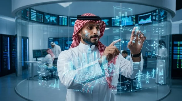 رجل سعودي يتفاعل مع هولوغرام المدينة الذكية في غرفة التحكم