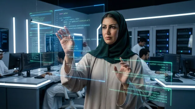 مهندسة تقنية معلومات عربية تتفاعل مع شاشة هولوجرام