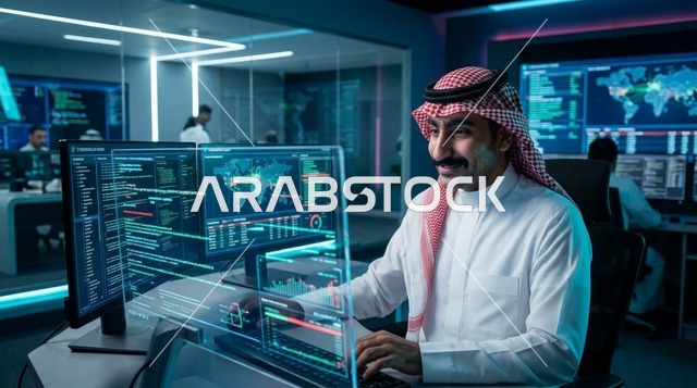 مهندس أمن سيبراني سعودي في غرفة التحكم والبيانات