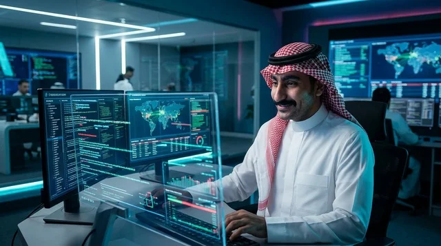 مهندس أمن سيبراني سعودي في غرفة التحكم والبيانات