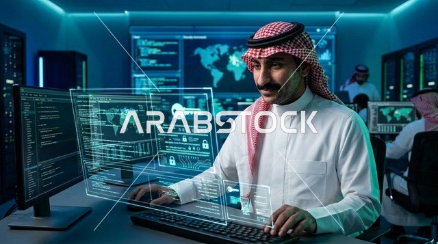 أخصائي أمن سيبراني سعودي يعمل في مركز عمليات رقمي متطور