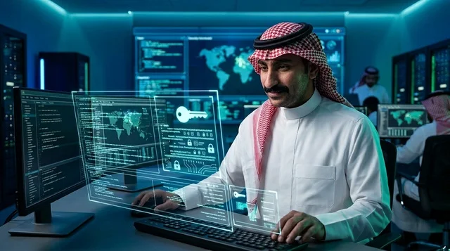 أخصائي أمن سيبراني سعودي يعمل في مركز عمليات رقمي متطور