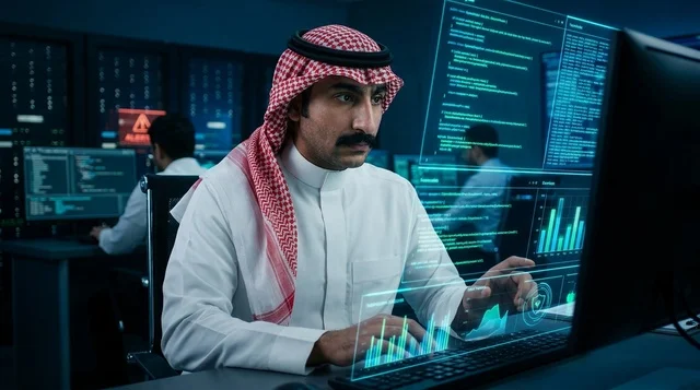 مبرمج سعودي في غرفة عمليات الأمن السيبراني والتحكم