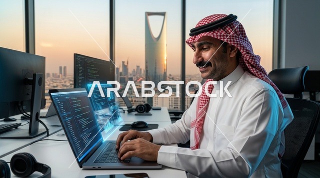 مبرمج سعودي في مكتب بالرياض مع إطلالة برج المملكة