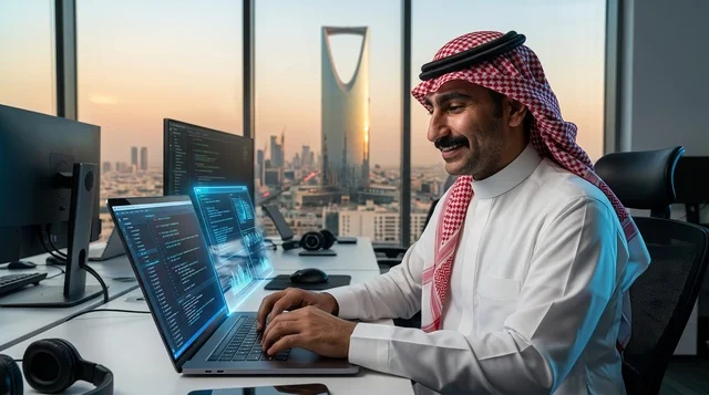 Saudi Programmer in Riyadh Office with Kingdom Centre View