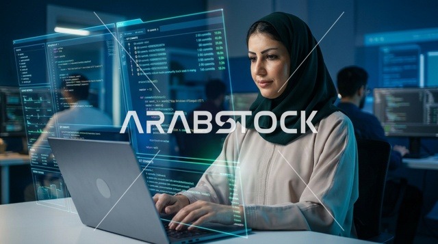 مهندسة برمجيات عربية بالحجاب تعمل مع شاشات هولوغرام