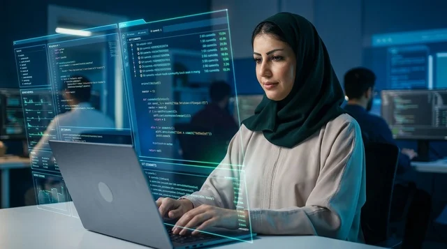Arab Female Programmer Working with Futuristic Holograms