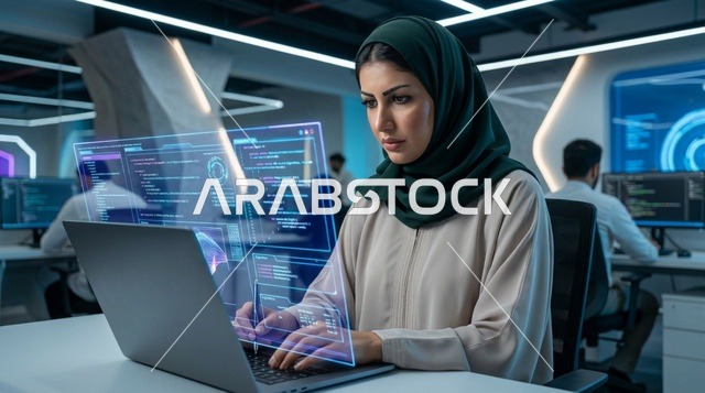 مبرمجة سعودية تعمل على لابتوب مع هولوغرام بالمكتب