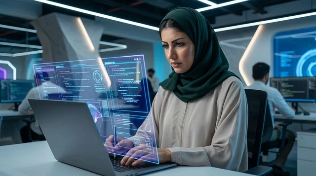 Saudi Woman Programmer with Laptop Hologram in Office