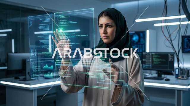 مهندسة إماراتية تستخدم شاشة هولوغرام في مختبر روبوتات