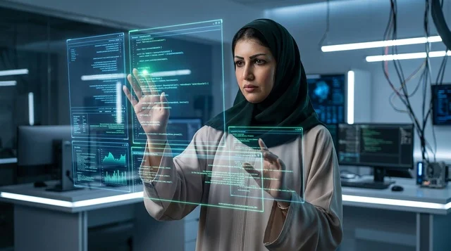 An Emirati engineer uses a hologram screen in a robotics lab.