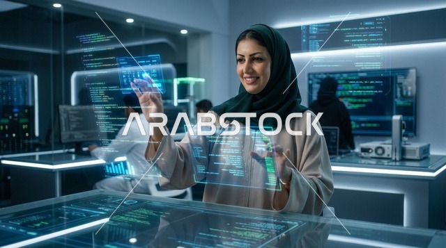 مهندسة إماراتية تستخدم شاشة هولوغرام في مختبر روبوتات