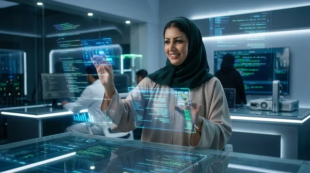 مهندسة إماراتية تستخدم شاشة هولوغرام في مختبر روبوتات