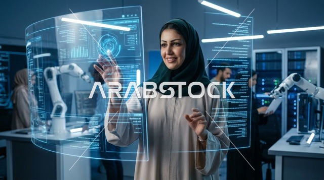 Emirati Female Engineer Using Futuristic Hologram Screen
