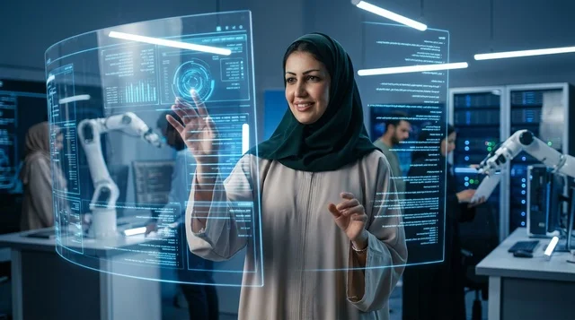 مهندسة إماراتية تستخدم شاشة هولوغرام في مختبر روبوتات