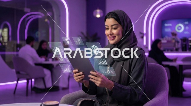 سيدة سعودية تستخدم جهاز لوحي مع واجهة مصرفية رقمية