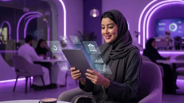 سيدة سعودية تستخدم جهاز لوحي مع واجهة مصرفية رقمية