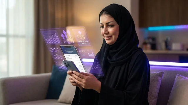 Saudi Woman Using Fintech Mobile Hologram At Home