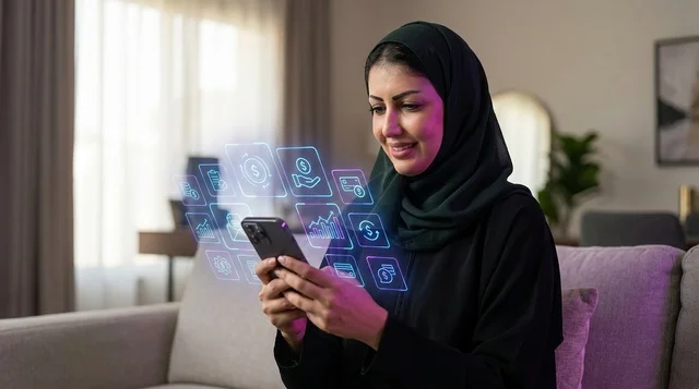 امرأة سعودية تستخدم الهولوجرام المالي على هاتفها الذكي
