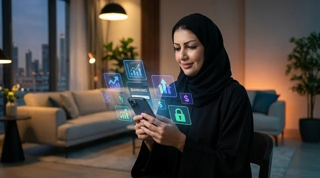 Saudi Woman Using Online Banking App on Smartphone