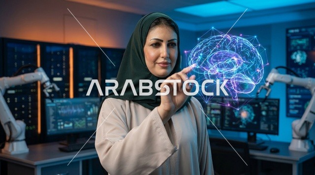عالمة سعودية تتفاعل مع هولوجرام الدماغ في المختبر