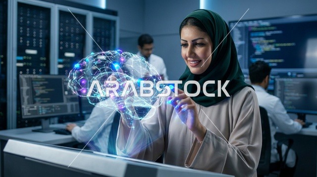 عالمة سعودية تتفاعل مع مجسم هولوجرام ثلاثي الأبعاد للدماغ