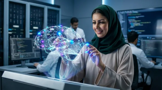 Saudi Female Scientist Interacting With Brain Hologram
