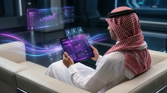 Saudi Businessman Analyzing Financial Hologram Data