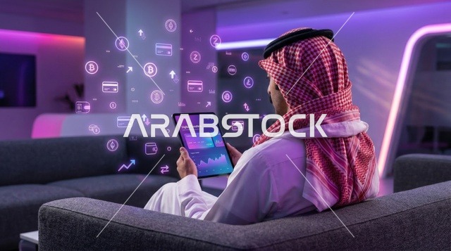 رجل سعودي يتابع العملات الرقمية عبر جهاز لوحي بالنيون
