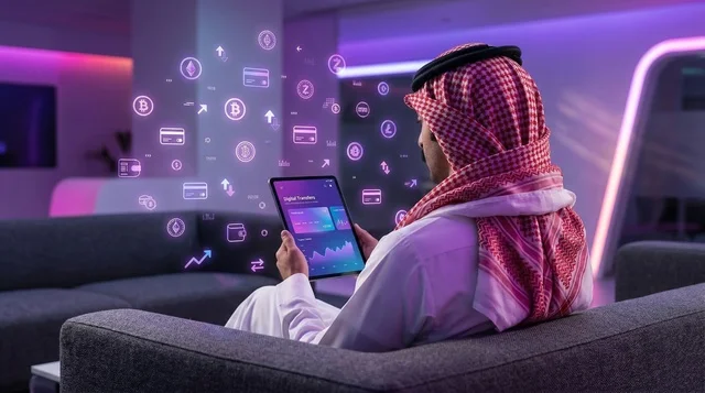 Saudi Man Tracking Cryptocurrency on Tablet in Neon Room