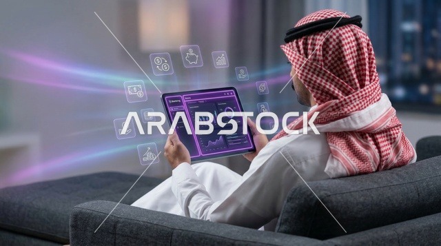 رجل سعودي يحلل البيانات المالية على جهاز لوحي