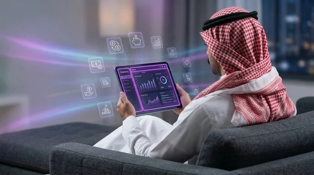 رجل سعودي يحلل البيانات المالية على جهاز لوحي