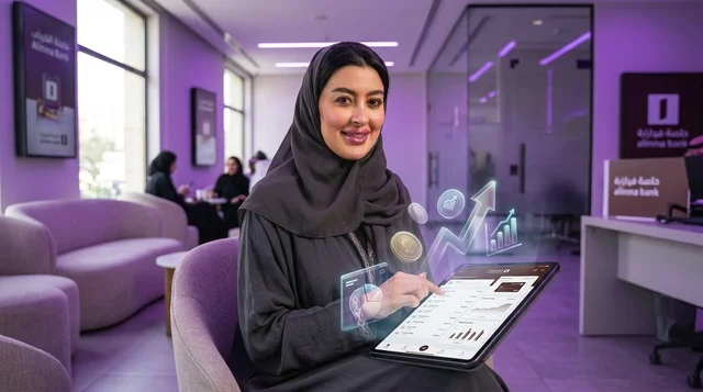 امرأة سعودية مع جهاز لوحي وأيقونات مالية في مقهى