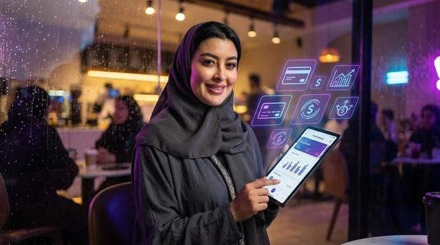 امرأة سعودية مع جهاز لوحي وأيقونات مالية في مقهى