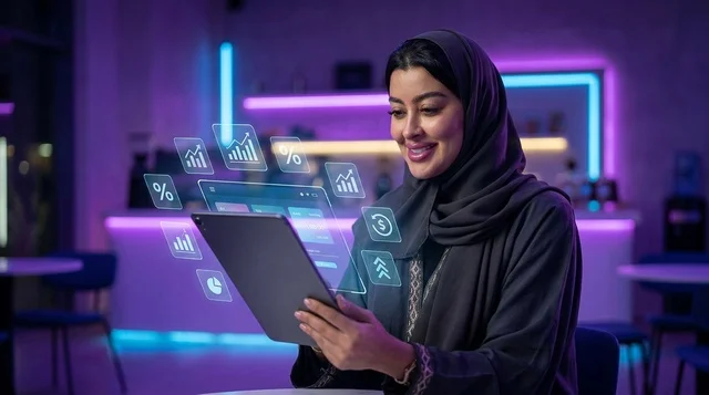 امرأة سعودية مع جهاز لوحي وأيقونات مالية في مقهى