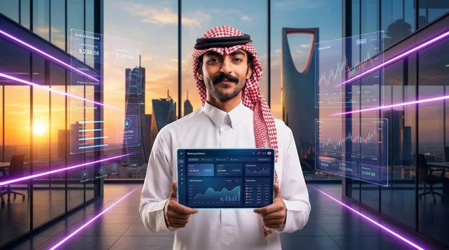 رجل سعودي يحمل هاتفاً يظهر نجاح التحويل البنكي