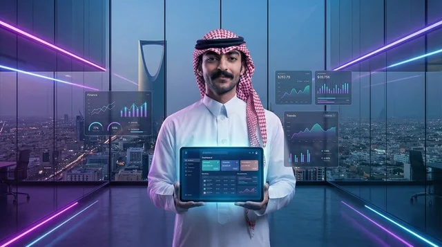 رجل أعمال سعودي يحمل جهاز لوحي في مكتب بالرياض ليلا