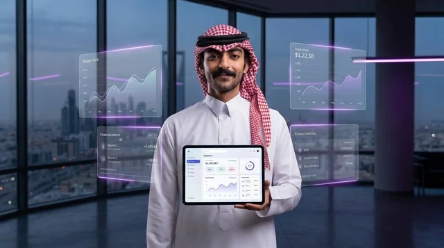 رجل أعمال سعودي في مكتبه مع رسوم بيانية هولوغرامية