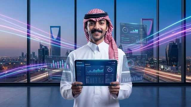 رجل أعمال سعودي يحمل جهاز لوحي أمام أفق الرياض