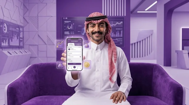 Saudi Man Holding Smartphone with Financial App Interface