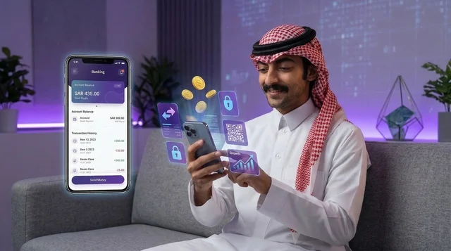 رجل سعودي يستخدم تطبيق البنك الإلكتروني في المنزل