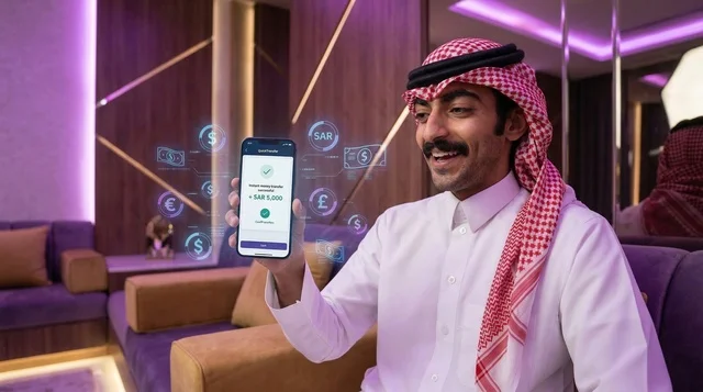 رجل سعودي يعرض عملية تحويل مالي ناجحة عبر الهاتف