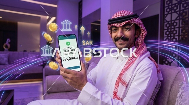 رجل سعودي يحمل هاتفاً يظهر نجاح التحويل البنكي