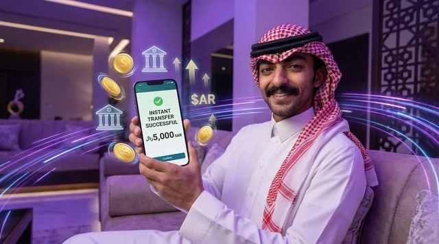 Saudi Man Holding Smartphone with Successful Bank Transfer