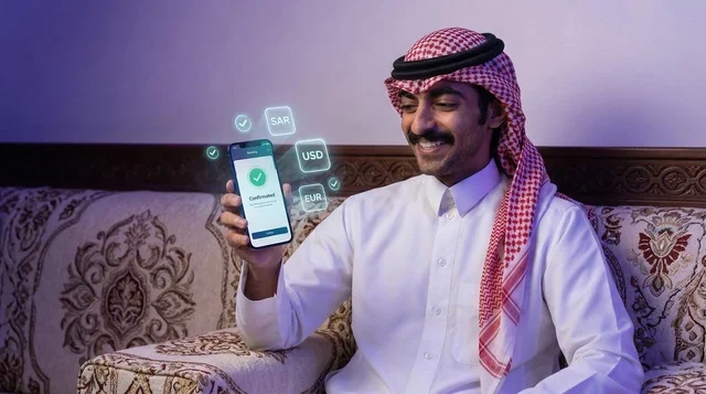 رجل سعودي يحمل هاتفاً يظهر نجاح التحويل البنكي