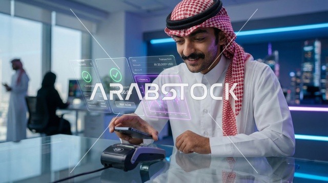 رجل سعودي يستخدم نظام دفع هولوغرامي في المكتب
