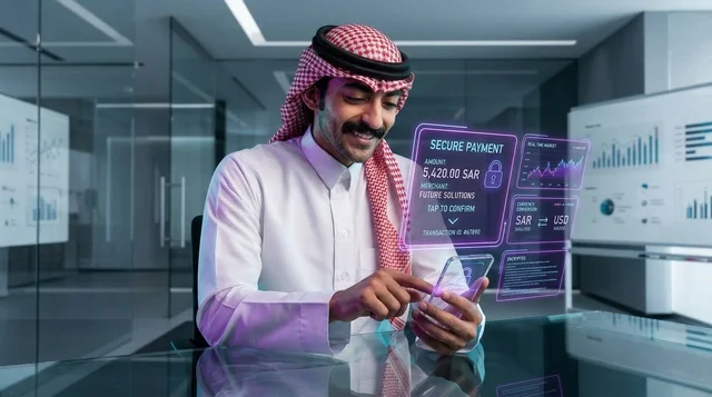 رجل أعمال سعودي يستخدم الدفع الرقمي الآمن بالهولوغرام