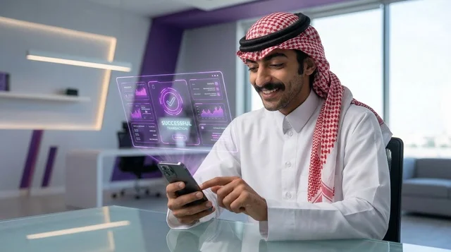 رجل أعمال سعودي يستخدم تقنية الهولوجرام في المكتب